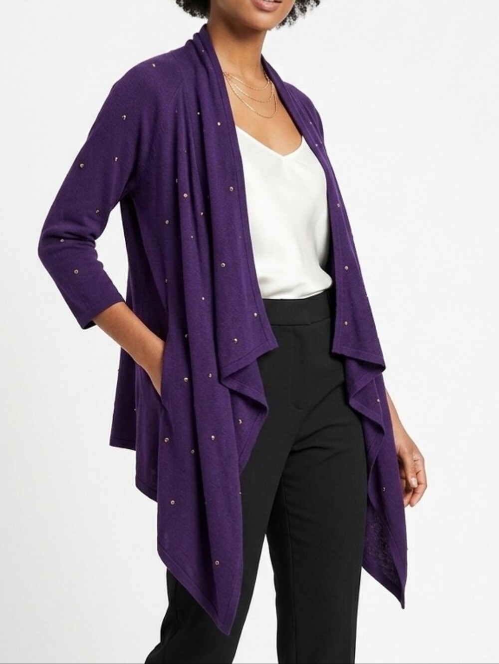 Cache Open Front Drape Cardigan Gold Studs Asymmetric Plum Purple XL